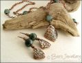 Copper and green jade necklace and earring set with crackled charms