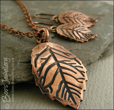 Copper leaves necklace and earring set