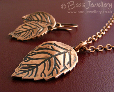 Copper leaves necklace and earring set