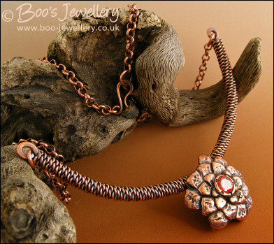 Copper flower and rope necklace with  large set CZ stone