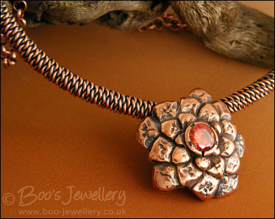 Copper flower and rope necklace with  large set CZ stone