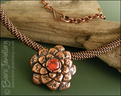 Copper flower and rope necklace with  large set CZ stone