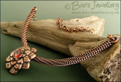 Copper flower and rope necklace with  large set CZ stone