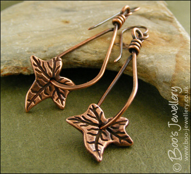 Antiqued copper teardrop loop earrings with ivy leaves