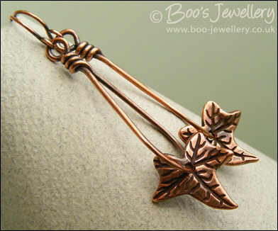 Antiqued copper teardrop loop earrings with ivy leaves