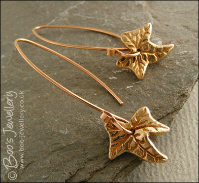 Bronze ivy leaf long drop earrings