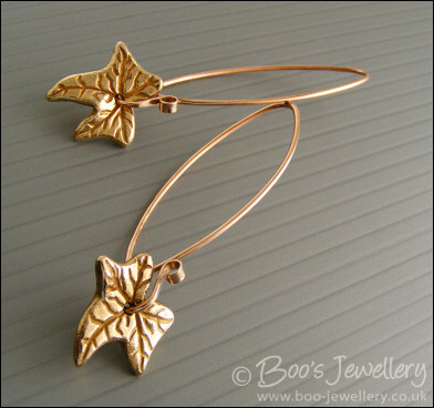 Bronze ivy leaf long drop earrings