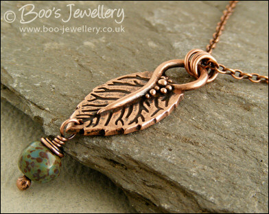 Copper leaf pendant with Picasso bead dangle