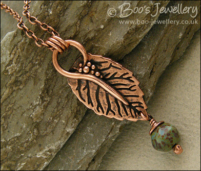 Copper leaf pendant with Picasso bead dangle