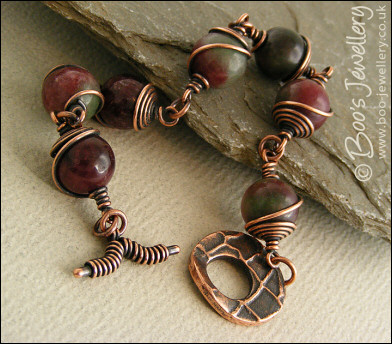 Tourmaline and copper spiral wrapped toggle bracelet