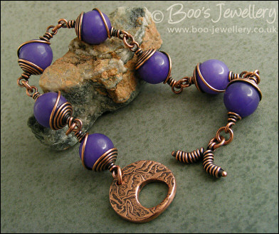 Lavender Jade spiral wrapped copper toggle bracelet