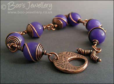 Lavender Jade spiral wrapped copper toggle bracelet