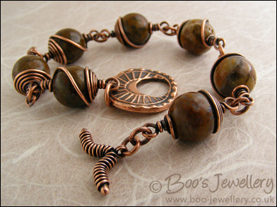 Snakeskin Jasper toggle bracelet with spiral wrapped beads