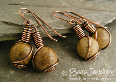 Picture Jasper rosebud knot wrapped copper earrings