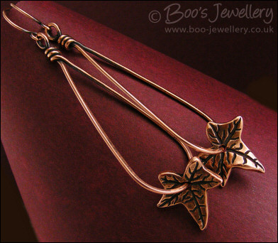 Antiqued copper teardrop loop earrings with ivy leaves