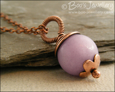 Lilac jade flower capped and wire wrapped pendant