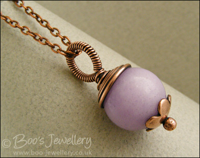 Lilac jade flower capped and wire wrapped pendant