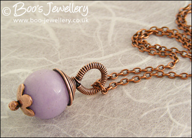 Lilac jade flower capped and wire wrapped pendant