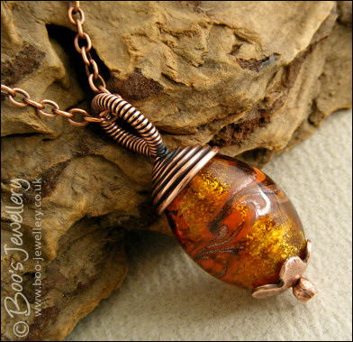 Amber fancy glass and copper wire wrapped pendant on chain - made to order