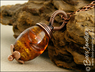 Amber fancy glass and copper wire wrapped pendant on chain - made to order