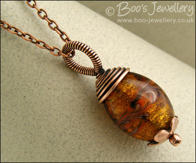Amber fancy glass and copper wire wrapped pendant on chain - made to order