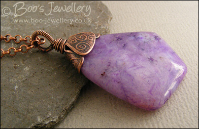 Purple agate kite pendant with petal beadcap and wrapped bail