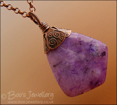 Purple agate kite pendant with petal beadcap and wrapped bail
