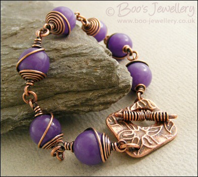Antiqued copper spiral wrapped Lavender Jade toggle bracelet