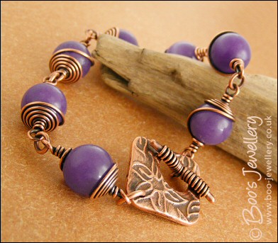 Antiqued copper spiral wrapped Lavender Jade toggle bracelet