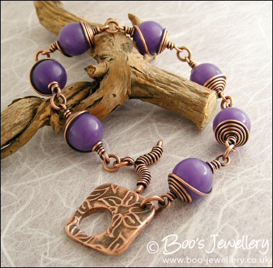 Antiqued copper spiral wrapped Lavender Jade toggle bracelet