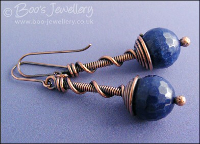 Deep blue jade coil on coil copper earrings