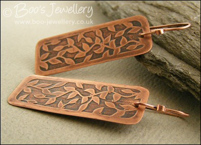 Delicate leaf tendril pattern etched copper earrings