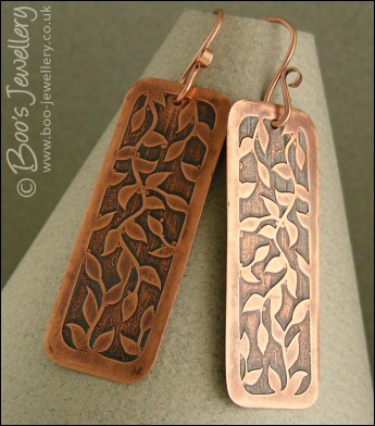 Delicate leaf tendril pattern etched copper earrings