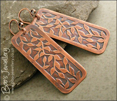 Etched copper leaf tendril rectangular earrings