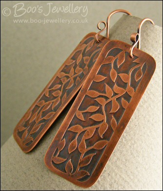 Etched copper leaf tendril rectangular earrings
