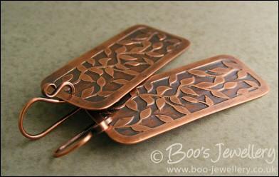 Etched copper leaf tendril rectangular earrings