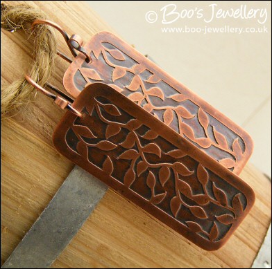 Etched copper leaf tendril rectangular earrings