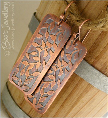 Etched copper leaf tendril rectangular earrings