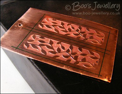 Delicate leaf tendril pattern etched copper earrings