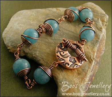 Antiqued copper and blue sponge quartz toggle bracelet