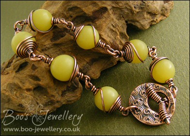 Butter jade and antiqued copper toggle bracelet