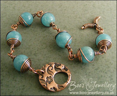 Antiqued copper and blue sponge quartz toggle bracelet