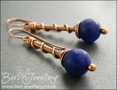 Dark blue jade and copper coil on coil earrings - made to order