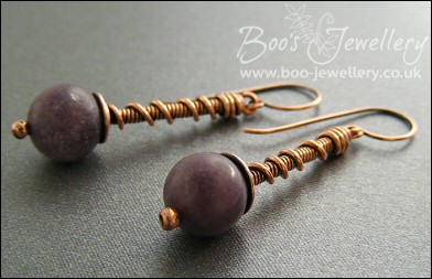 Plum jade and copper coil on coil earrings - made to order
