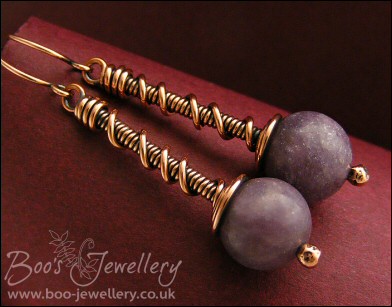 Plum jade and copper coil on coil earrings - made to order