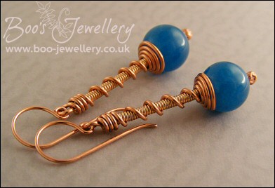 Copper and bronze coil on coil earrings with Malay Jade