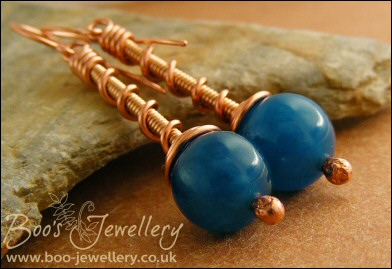 Copper and bronze coil on coil earrings with Malay Jade