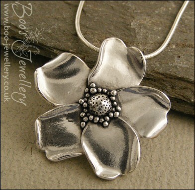 Pure solid silver hand sculpted wild rose pendant
