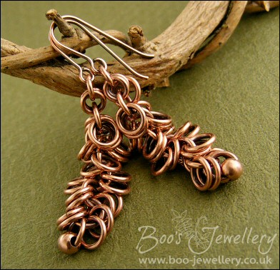 Antiqued copper double shaggy loops earrings