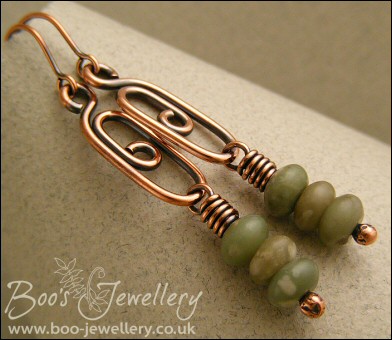 Long elegant spiral link earrings with Peace Jade rondelle stack - made to order